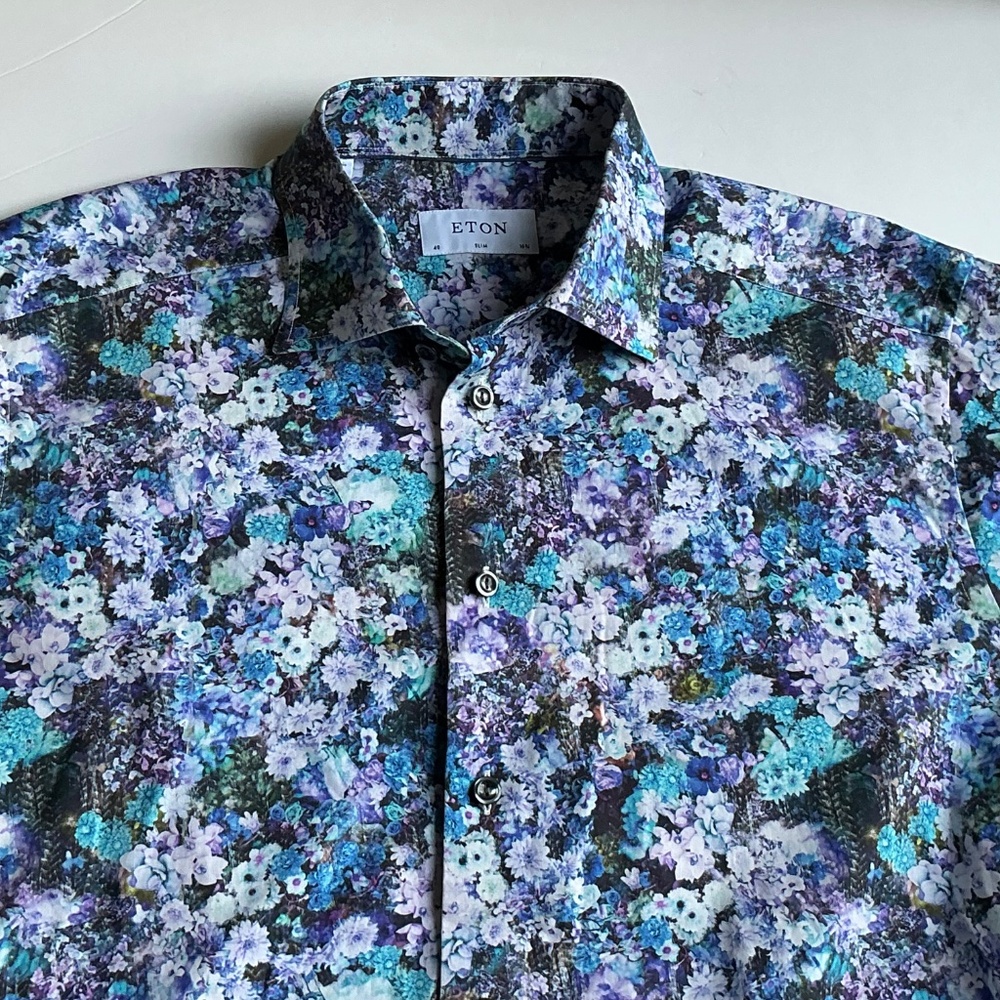 ETON slim colourful floral print cotton shirt Sz 15 3/4 made in Romania 🇷🇴